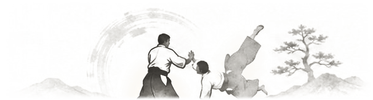 Ink-wash illustration: tori in hakama throws uke into a breakfall, framed by an ensō, misty hills and a pine